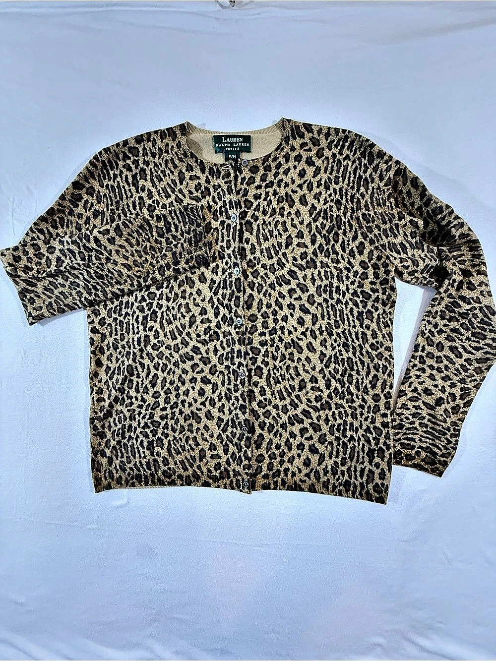 Lauren Ralph Lauren Favorite Leopard Print Cardigan in Brown & Black Size Medium